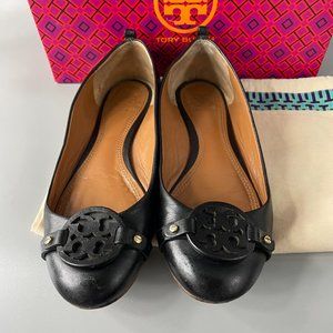 Tory Burch Mini Miller Black Leather Logo Flats, Size 7.5M